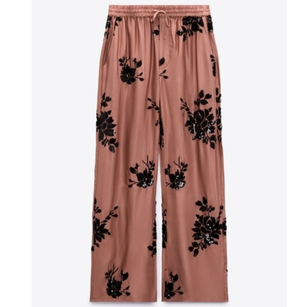 $119 ZARA SS22 DUSTY PINK EMBROIDERED SEQUIN SATINY PANTS SIZE XS